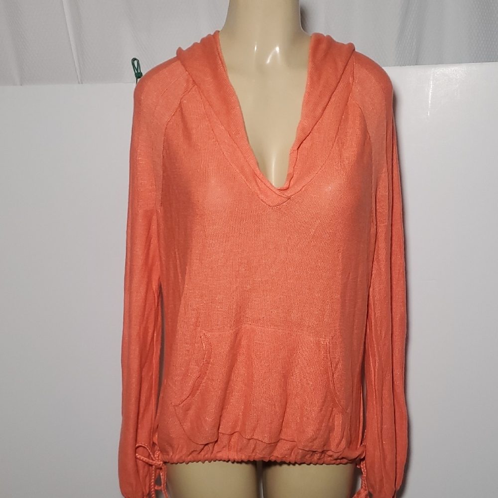 FREE PEOPLE Size XS OPTIMISTIC LINEN BLEND Women's Coral Hooded Pullover Top - Picture 3 of 15